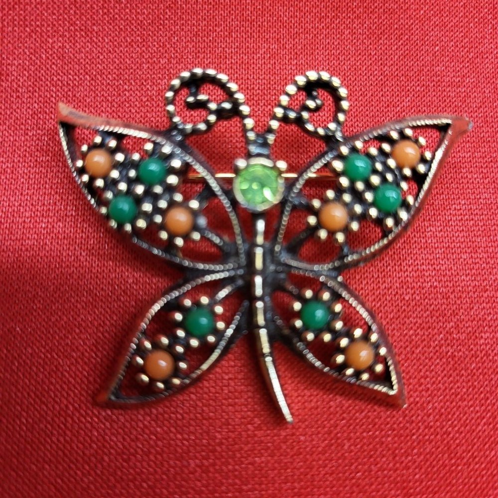Vintage Sarah Coventry Rhinestone Butterfly Brooch Antiqued Gold Tone